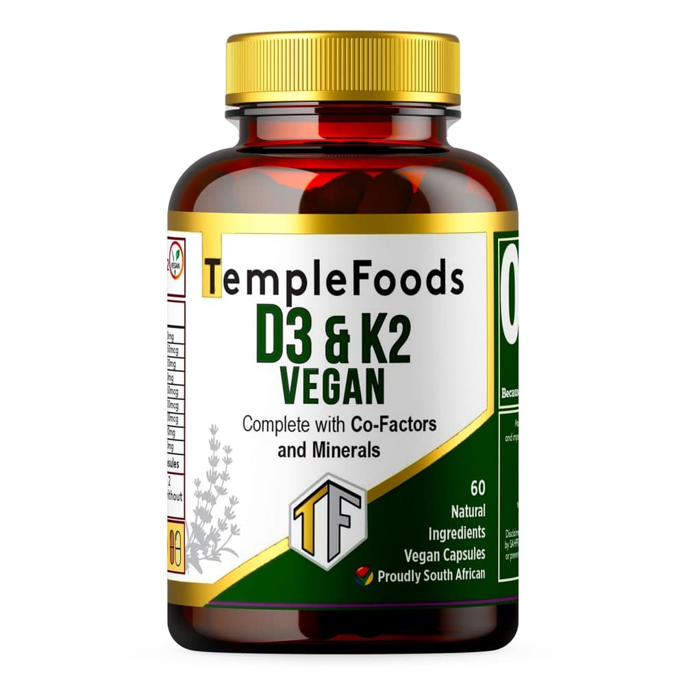 D3+ K2 Vegan Supplement. Complete with Co-Factors & Minerals. Temple Foods - 60