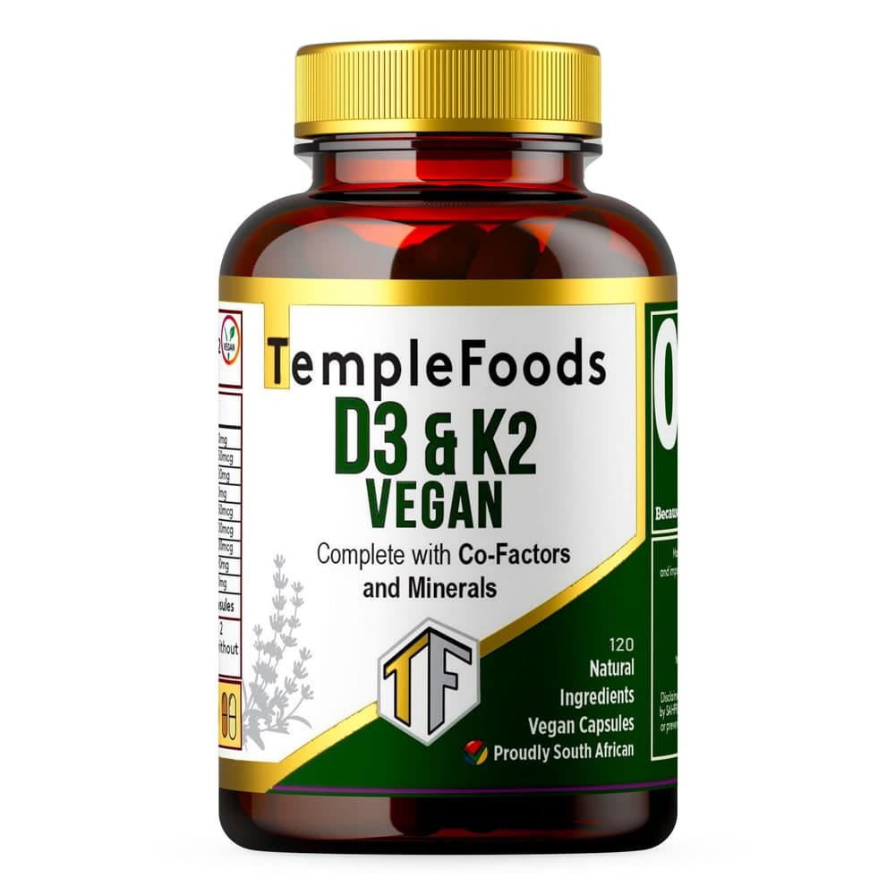 D3+ K2 Vegan Supplement. Complete with Co-Factors & Minerals. Temple Foods - 120